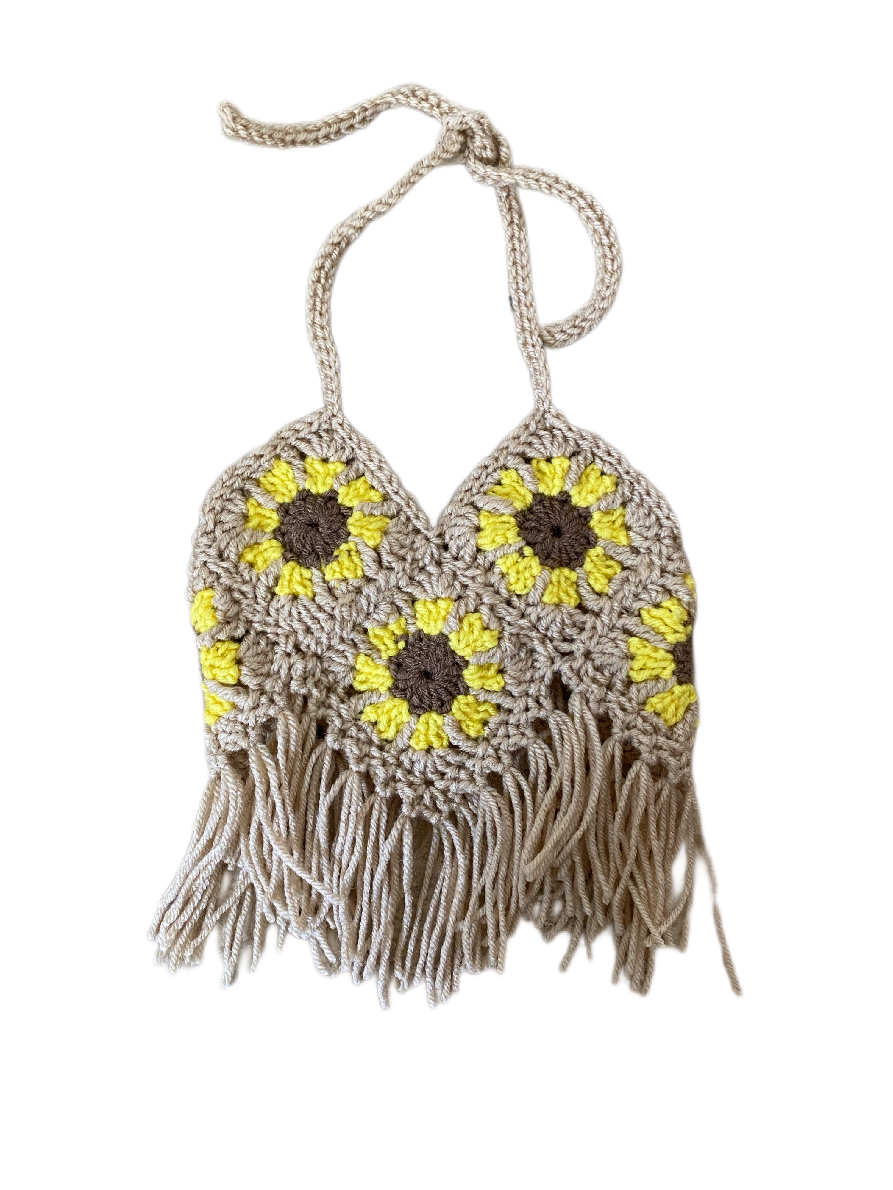 Sunflower Crochet Boho Fringe Halter Crop Top